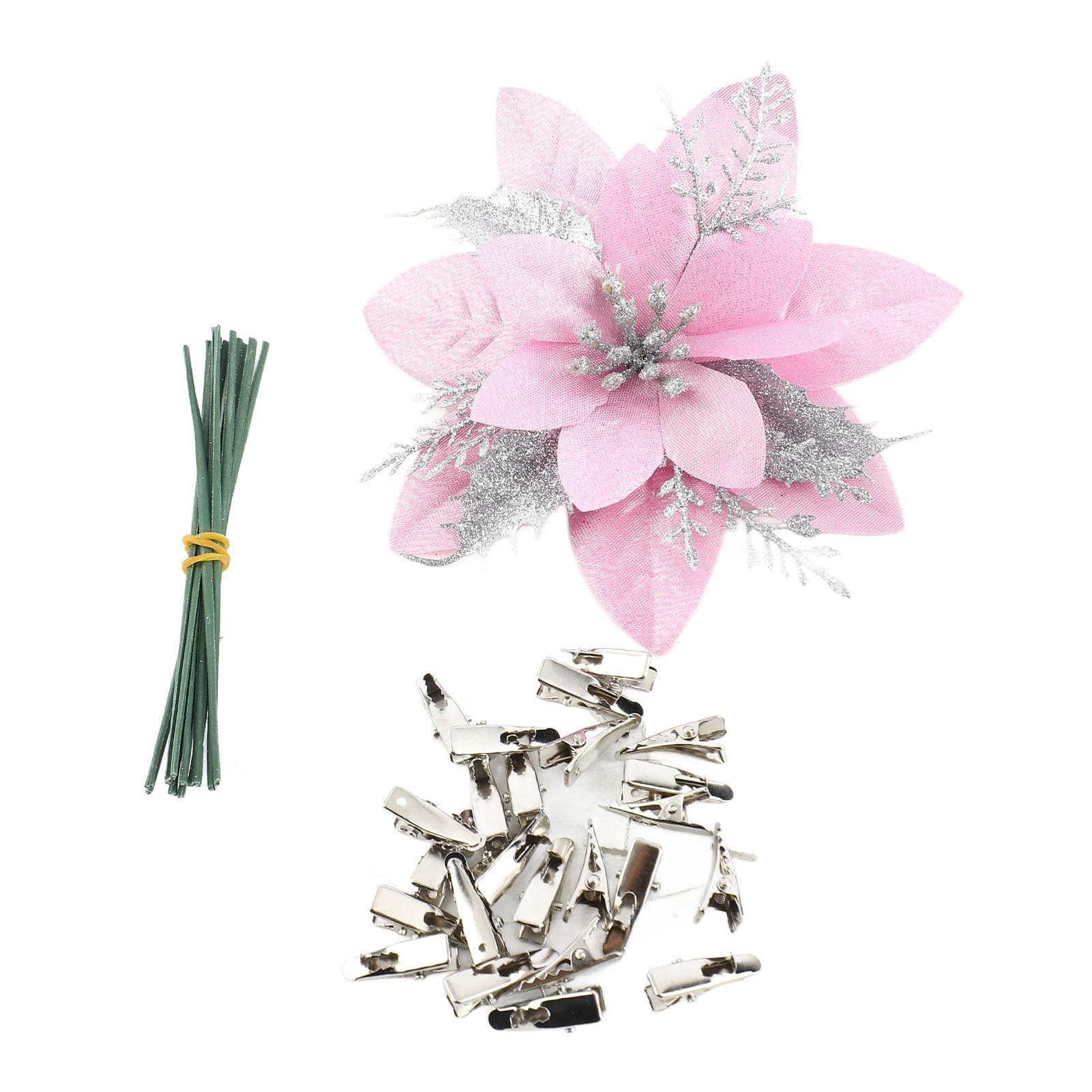 Xmas Decorative Flower 14.5cm Glitter Artificial Xmas Flower Xmas Tree Ornament with Clips and Stems D pink
