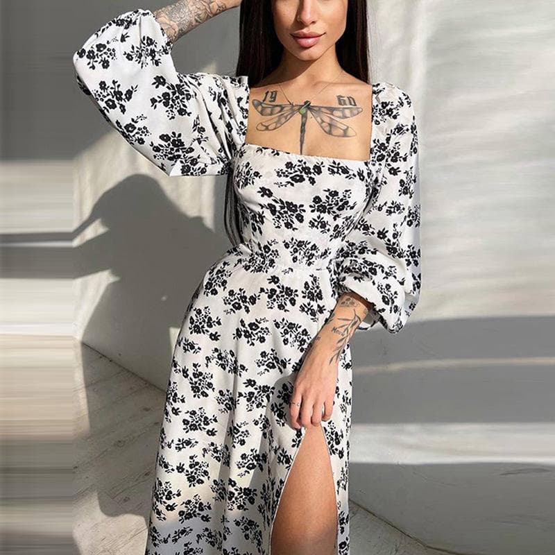 Spring New Women's Temperament Printed Sexy Backless Slit Strap Dress 3XL white