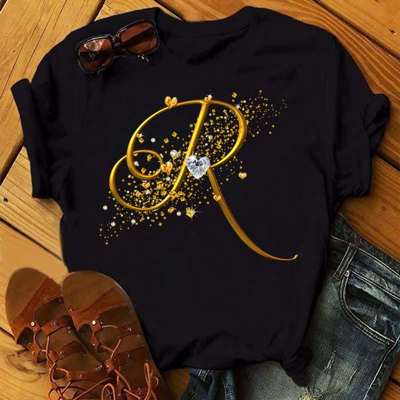 Custom Name Letter 3D Printe Women T-shirt Diamond Gold Letter Font A B C D E F G Black T-shirt 6XL