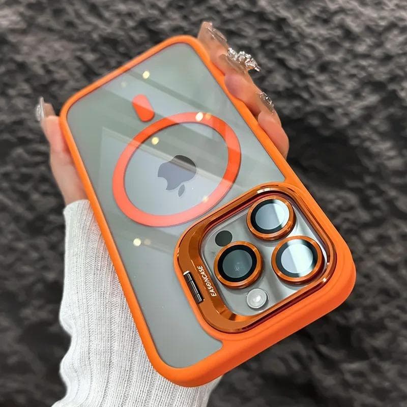 Luxury Magnetic Shockproof Phone Case For iPhone 16 15 14 13 12 11 Pro Max Plus Funda Stand Glass Lens Protection Back Cover iPhone 15 Pro Max orange