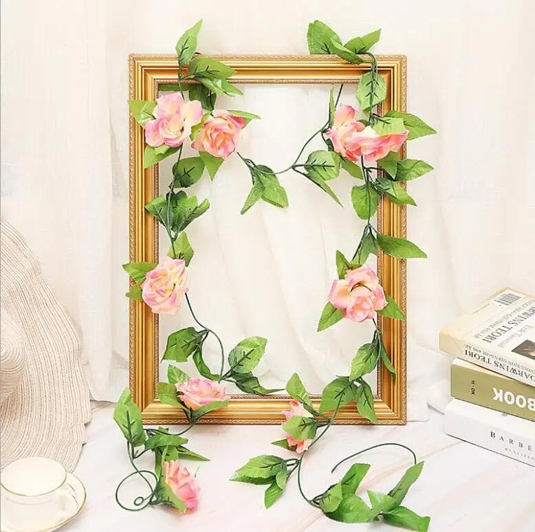 250CM/lot Silk Roses Ivy Vine with Green Leaves For Home Wedding Decoration Fake leaf diy Hanging Garland Artificial Flowers darkpink