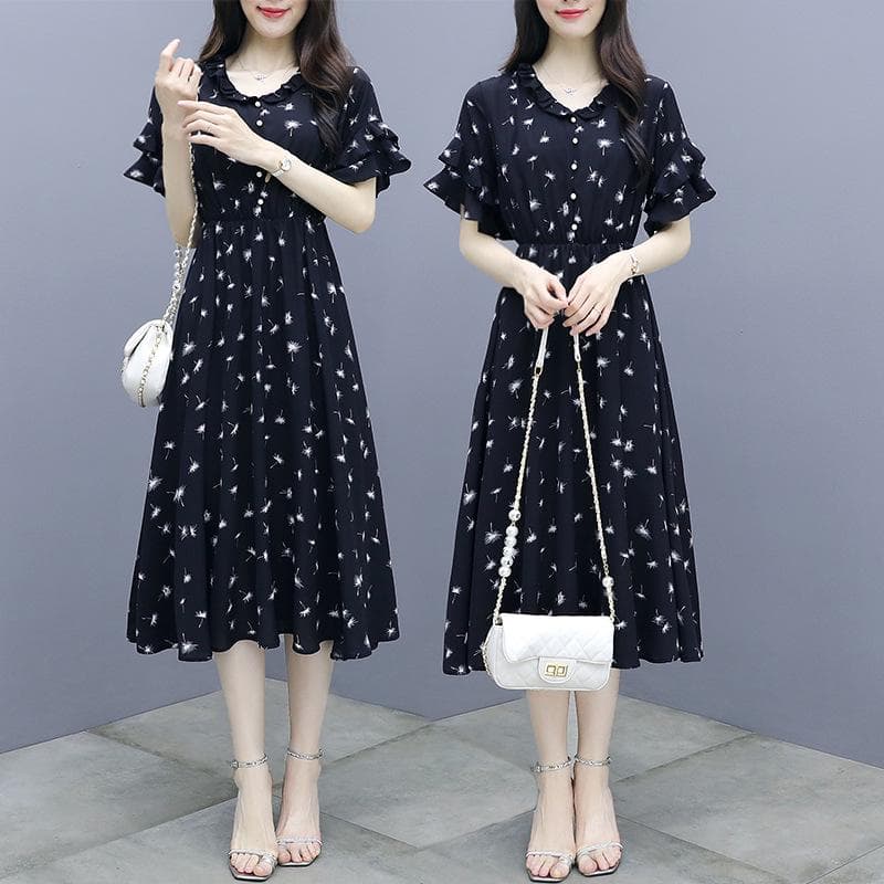 Women's Summer 2023 French Floral Chiffon Dress - Slim Temperament Long Skirt 3XL black