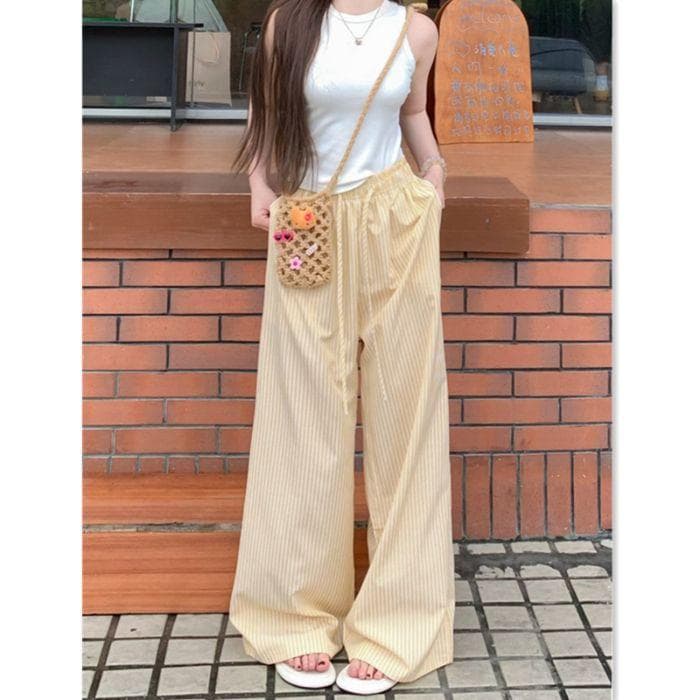 Vertical Striped Casual Pants for Women In Summer New Draped Walk Pants Straight Loose Wide-leg Floor Trousers XXL yellow