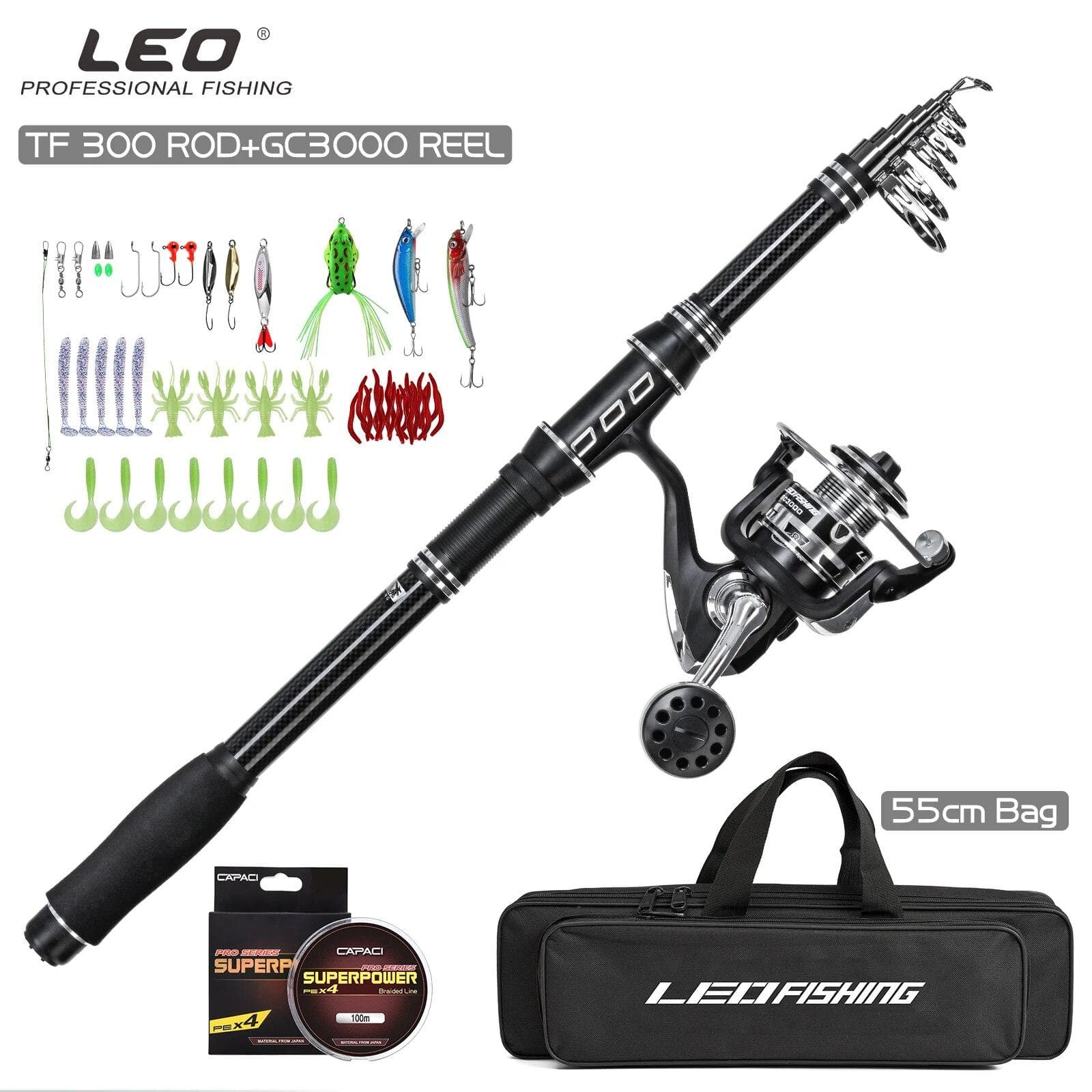 LEOFISHING Telescopic Fishing Rod and Reel Combos Set Carbon Fiber Tackle Kit and Carrier Bag for Travel Sea Saltwater Fishing Tools 3.0M ROD SET