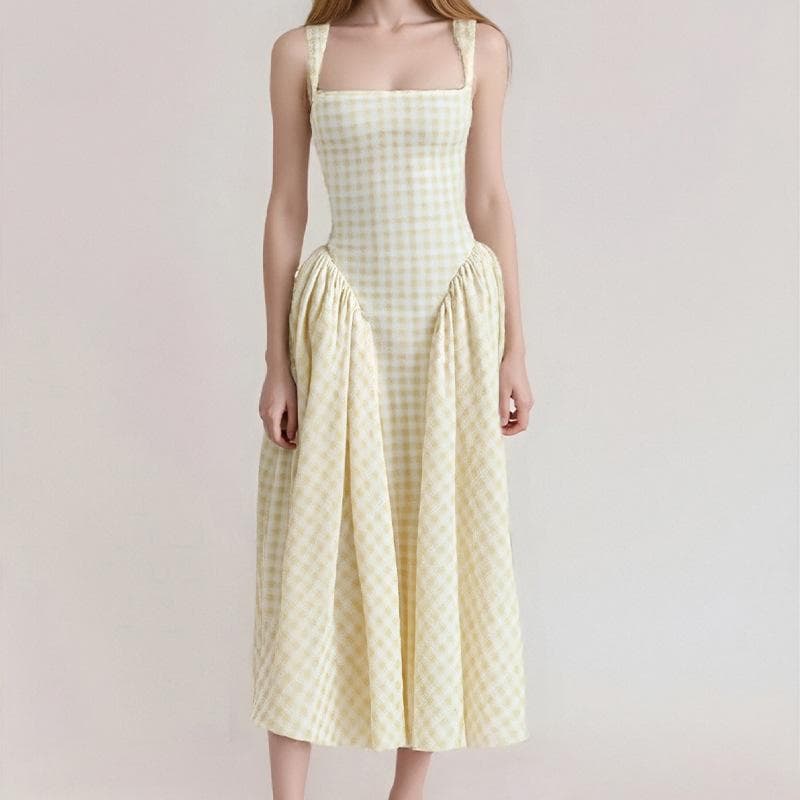 New Summer Products Pure Temperament Plaid Chest Tight High Waist Big Skirt Hem Suspender Dress 3XL