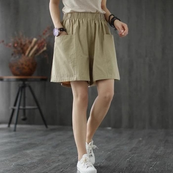 New Summer Elastic Waist Design Touch Pocket A-line Shorts for Women Thin Casual and Versatile Slim Straight Wide-leg Pants 5XL