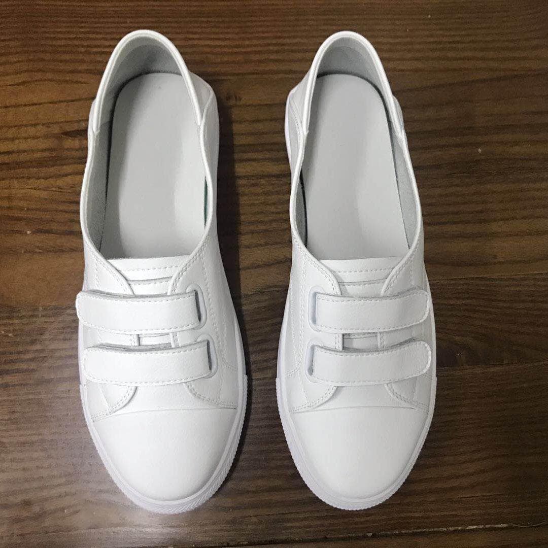 Velcro Leather Small White Shoes Women's Summer Style  Summer Shallow Mouth Slip-on Flat Bottom Lazy Breathable Single Shoes Spring Style 39 white