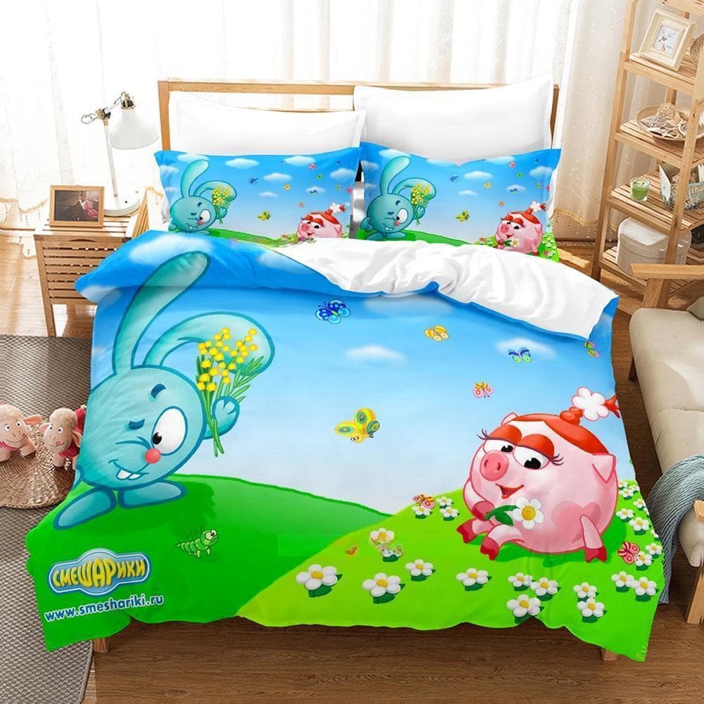 Smeshariki Bedding Set Single Twin Full Queen King Size Bed Set Adult Kid Bedroom Duvet cover Sets 3D Print Anime Bed Sheet Set AU King(245x210cm)