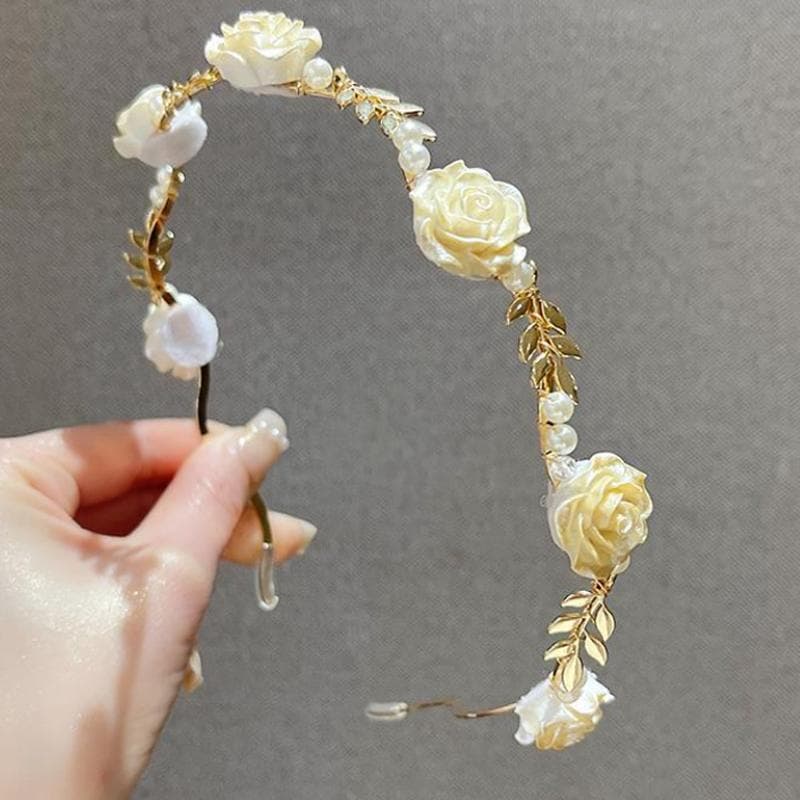 Luxury and Elegant Rose Vine Headwear Accessories Headwear Girls' Metal Flower Hairbands white