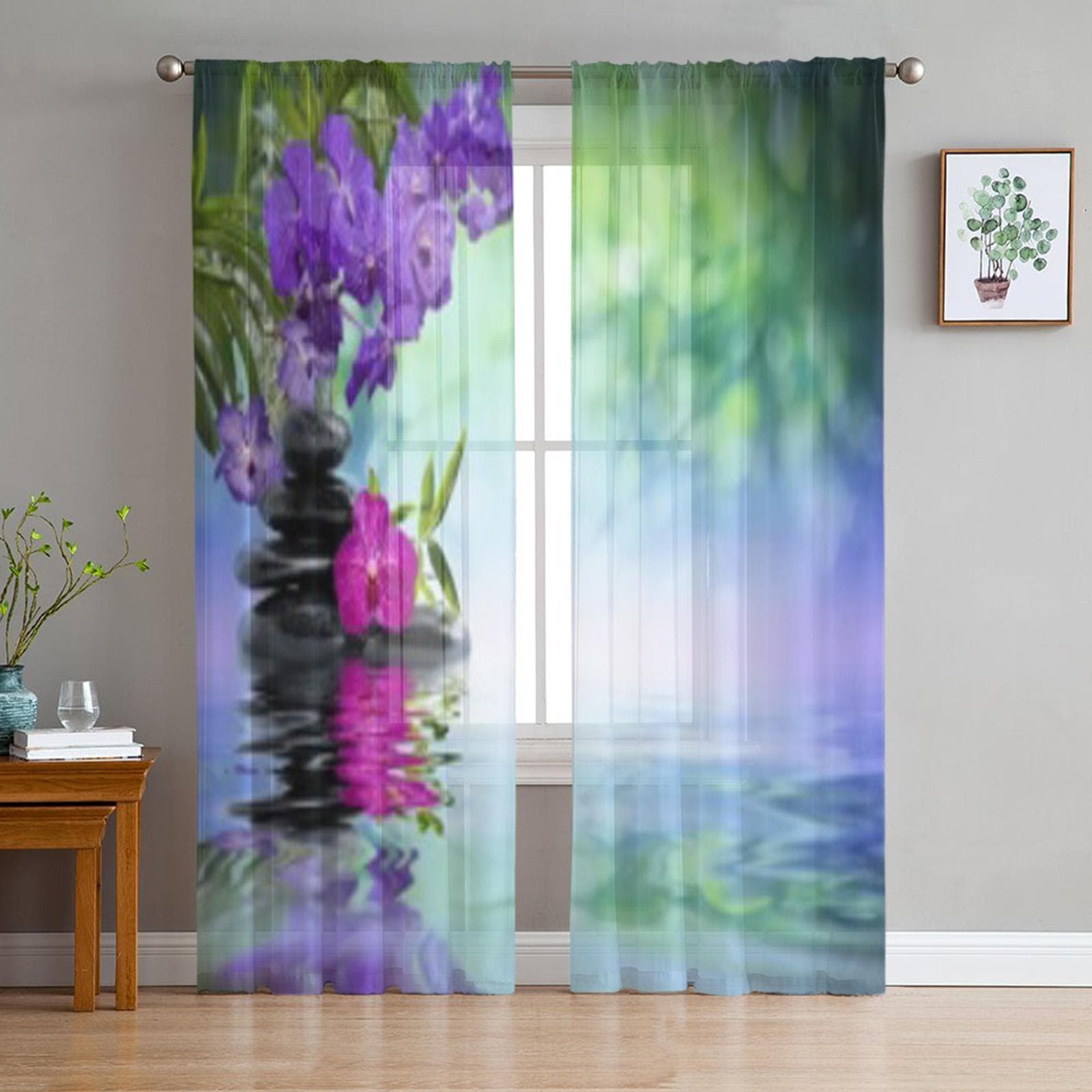 Violet Orchids Black Stones On The Water Sheer Curtains for Living Room Tulle Window Curtain Bedroom Kitchen Veil Drapes 135W x 114H(cm)