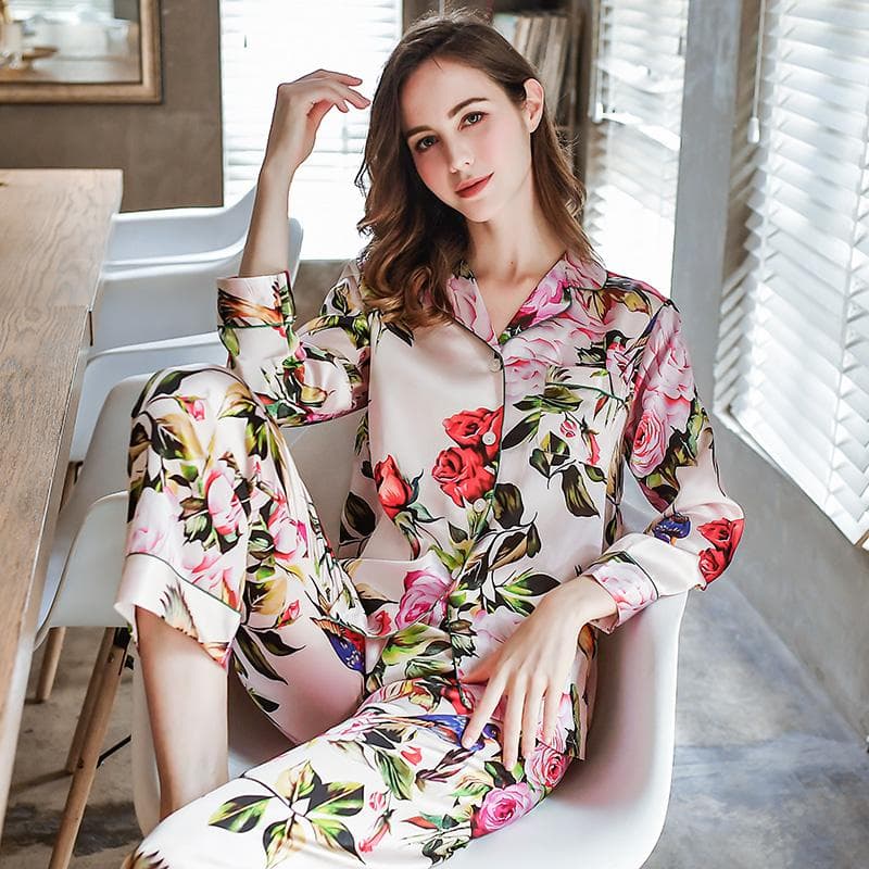 Mulberry Silk Pajamas Women's Silk Pajamas Set Pajamas Floral Print Flower Long Sleeve Pajamas 2XL
