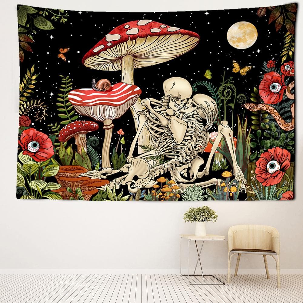 Skeletons And Mushrooms Tapestry Wall Hanging Psychedelic Witchcraft Aesthetics Room Hippie Tapiz Artist Home Decor 95x70CM
