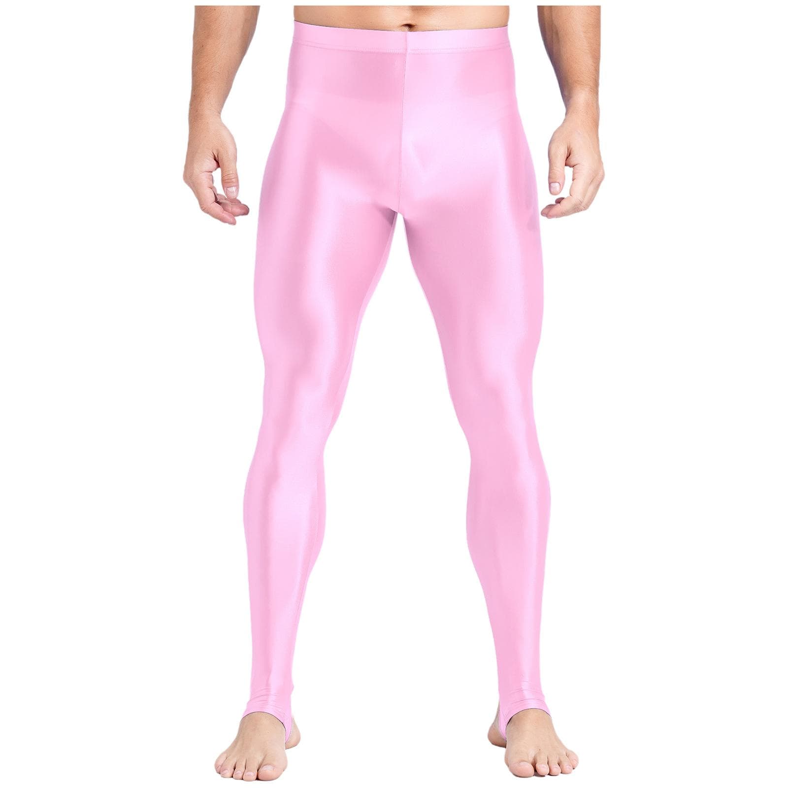 Mens Plus Size Glossy Leggings High Waist Tummy Control Fitness Gym Workout Pants L pink