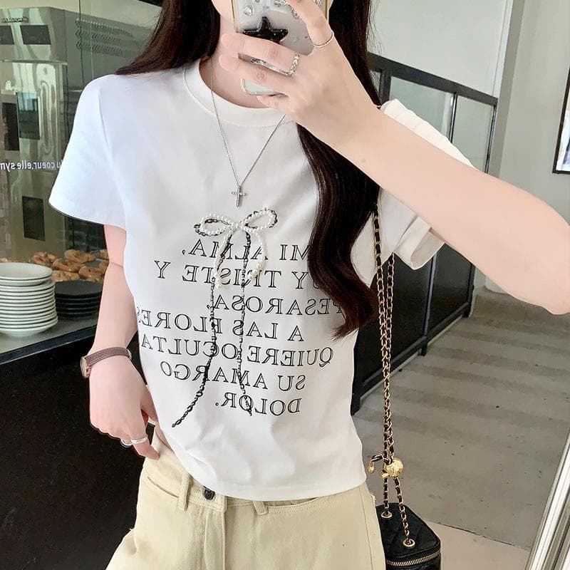 Front Shoulder Letter Printed Short-sleeved T-shirt for Women In Summer New Design Bow Slim Fit Top XL white