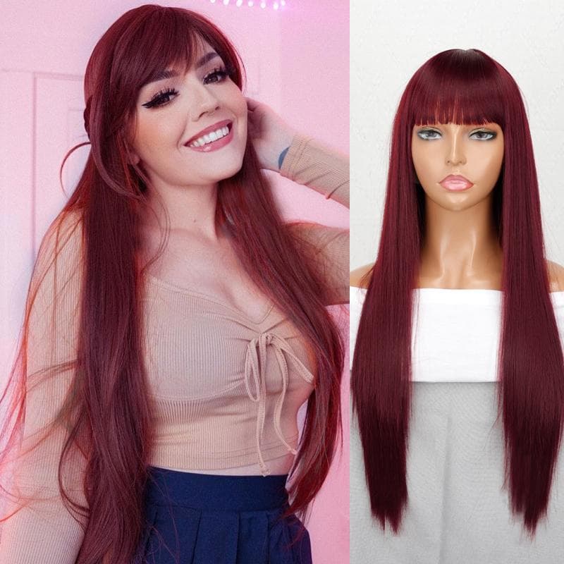 MISS WIG Long Straight Hair Natural Heat Resistant Fiber Black Wig for Women Daily Wear Wigs Pink Red Cosplay Wigs 60 CM