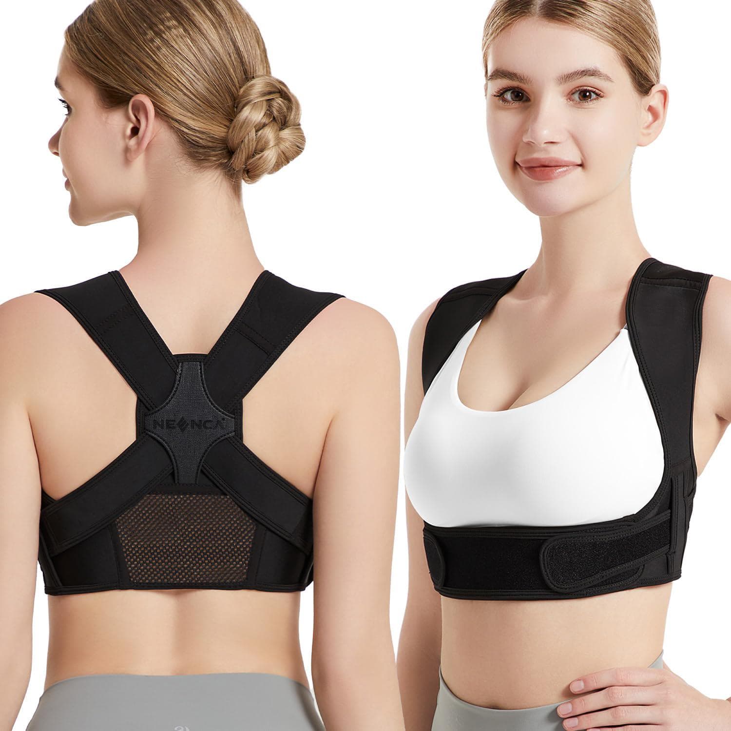 Neenca Adjustable Posture Corrector For Back Support Shoulder Brace Men Women Comfortable Fit S/M black