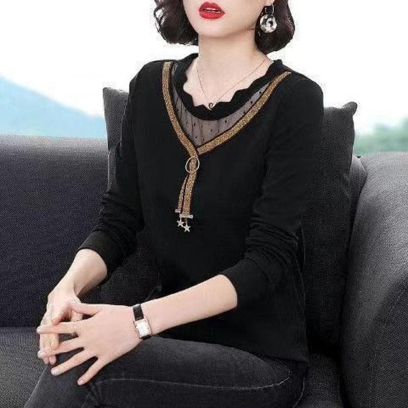 New Women's Top Spring and Autumn Base Shirt for Women Korean Loose Lace Shirt Middle-aged Mother's Long-sleeved Shirt 5XL