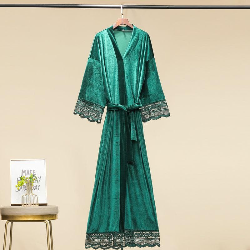 Sleepwear Dressing Gown Nightdress Autumn Winter Velvet Nightgown Kimono Robe Sexy Lace Long Nightwear Bathrobe Loose Home Wear L green