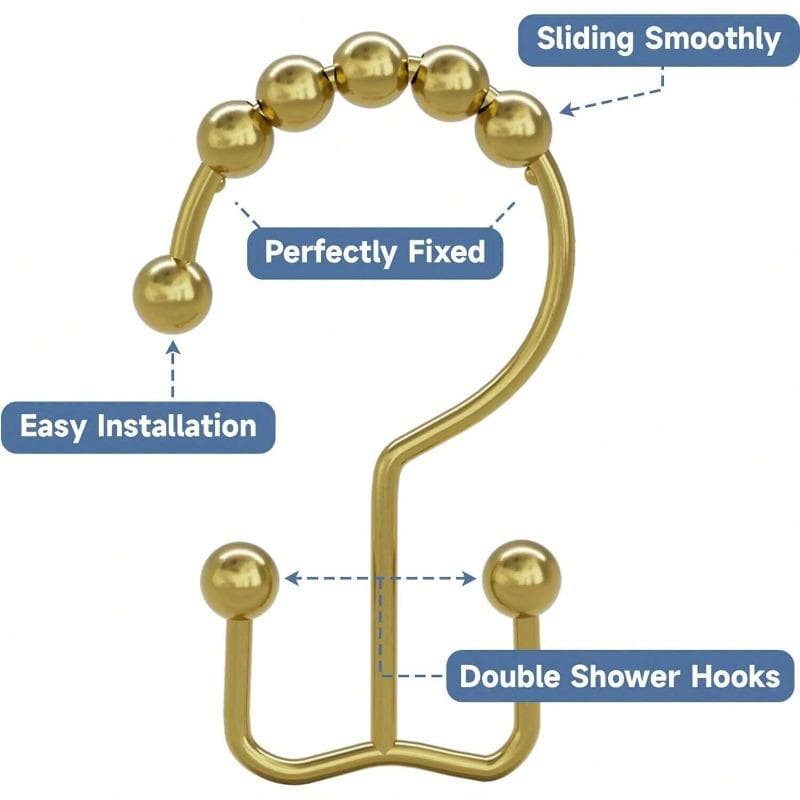 Gold Color Shower Curtain Hooks With Sliding Rolling Balls For Durability, Waterproof And Rustproof, Decorative Bath Curtain Double Hooks one-size gold