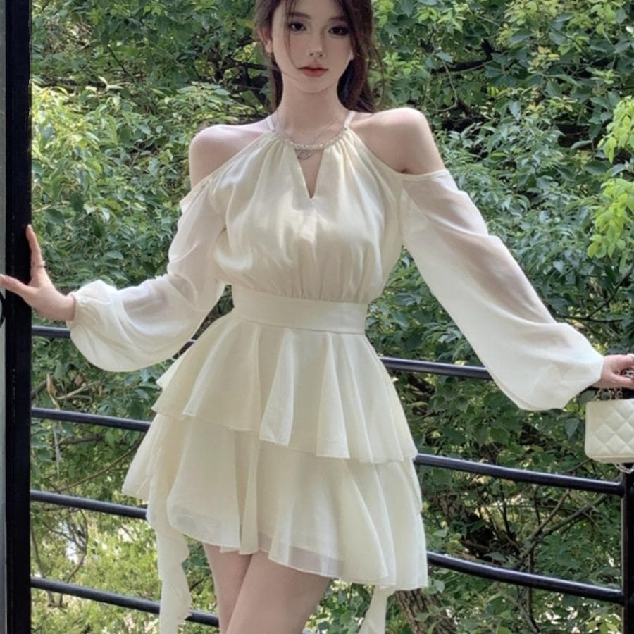 Women's Summer Off Shoulder Sweet Dress Elegant Long Sleeve Ruffles Party Dresses L beige