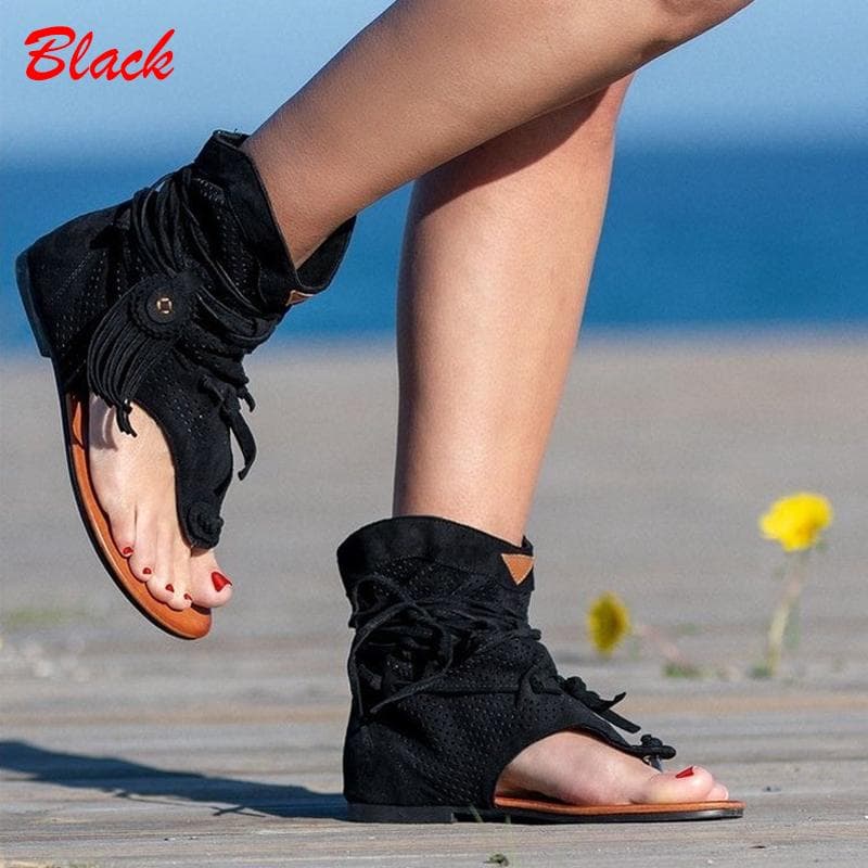 Women's Rome Ladies Clip Toe Vintage Boots Tassel Sandals Gladiator Retro Fashion Summer Casual 42 black