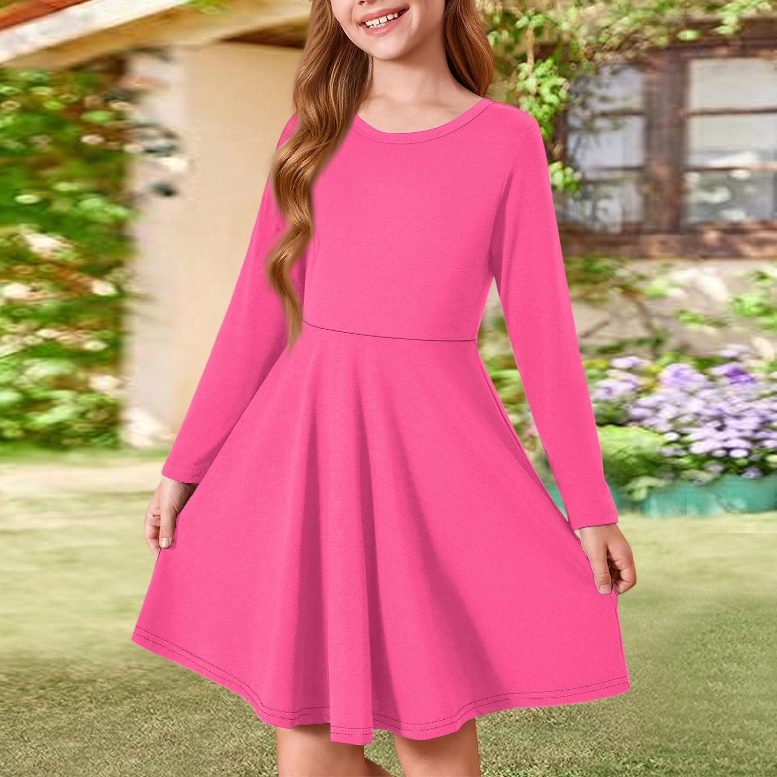 Girls' Summer Princess Dress - Long Sleeve A-Line T-Shirt Dress 130 hot pink