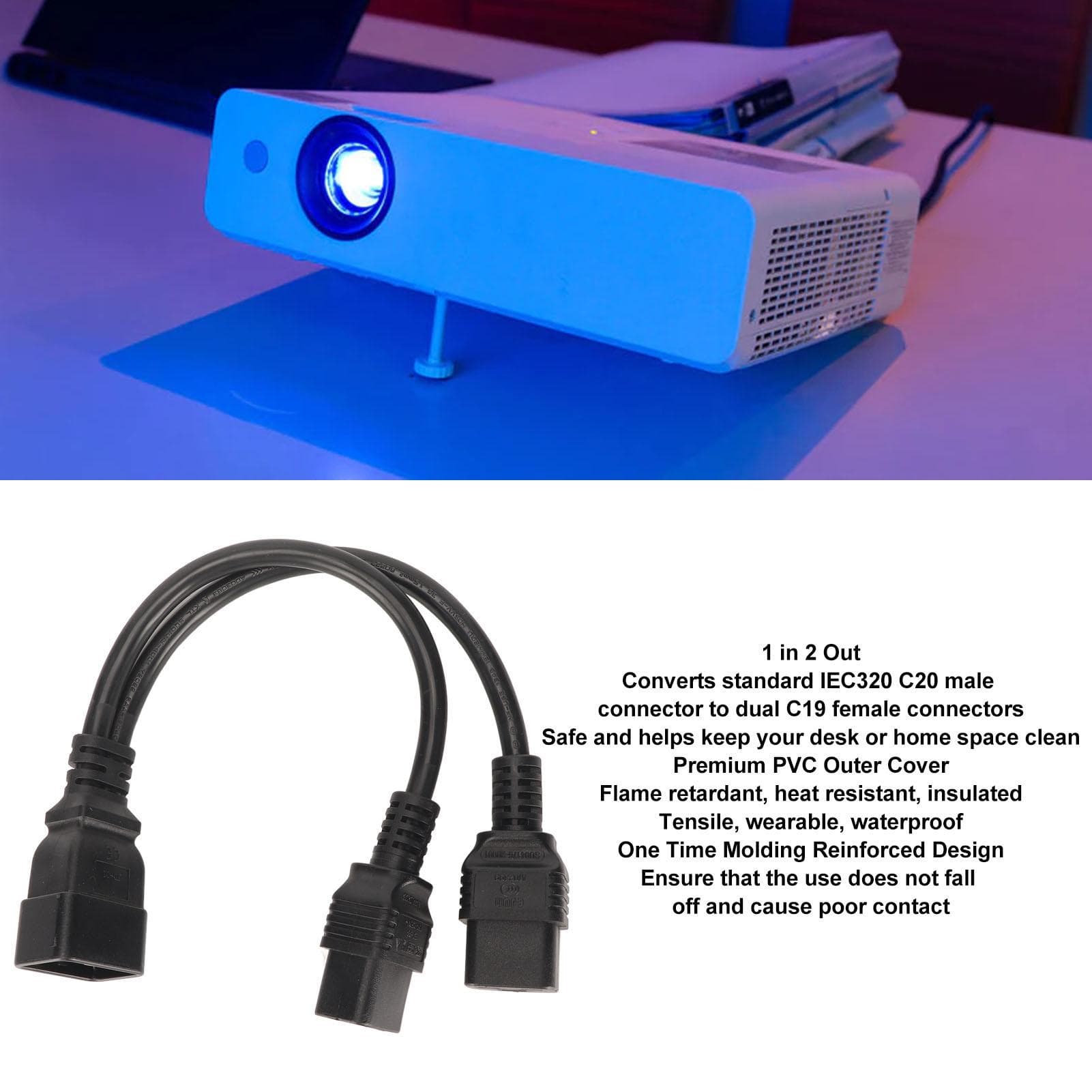 Dual IEC320 C19 to C20 Cord Female to Male Universal Y Splitter Power Cable for Desk Lamp LCD
