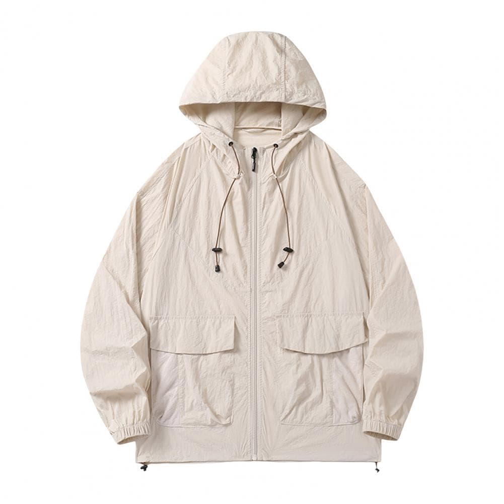Men Coat Hooded Drawstring Long Sleeve Sun Coat with Flap Pockets Solid Color Zipper Placket Couple Outwear M white