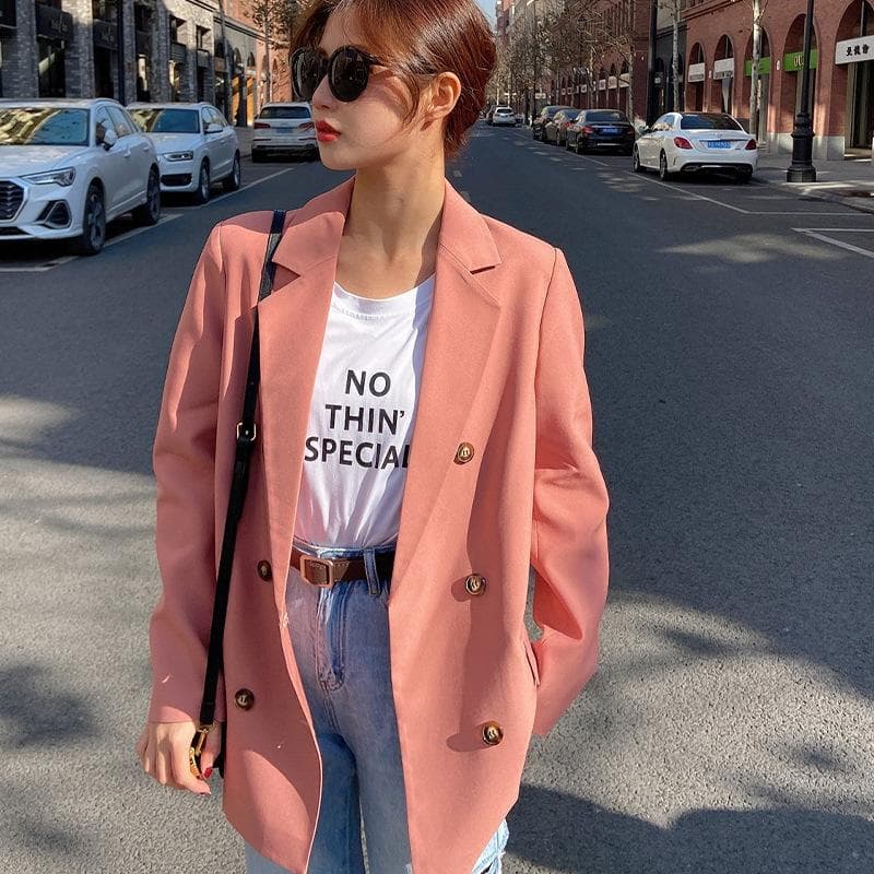 Women's Spring New Korean Version Fashion Double-breasted Gas Suit Jacket Women XXL pink