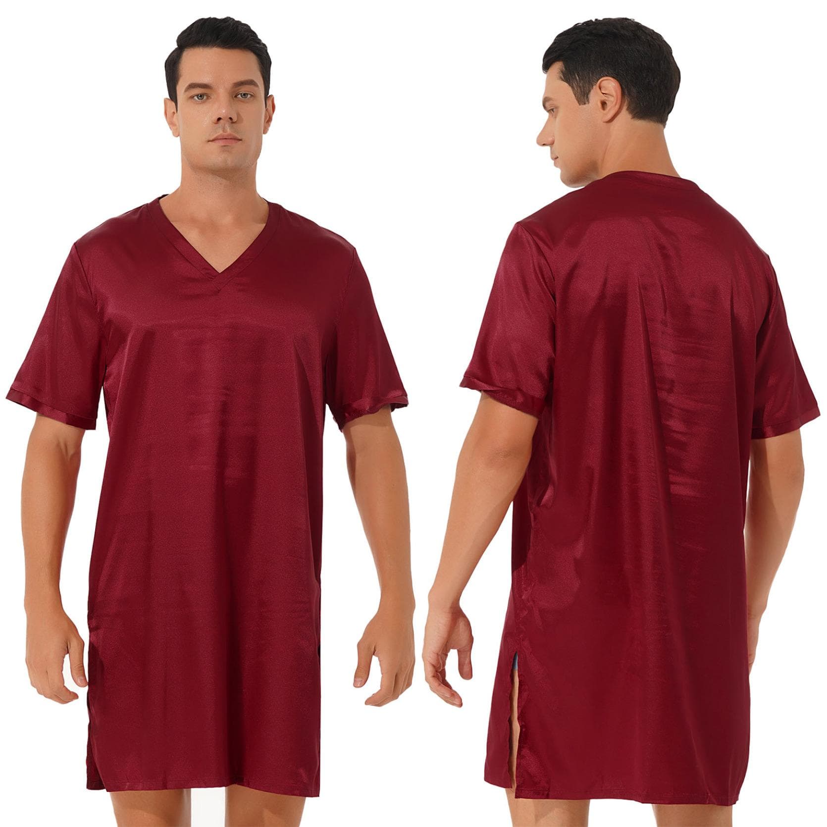 Sleepwear Mens Silk Satin Nightshirt Short Sleeve Pajamas Nightgown Night Shirts for Sleeping XXL burgundy