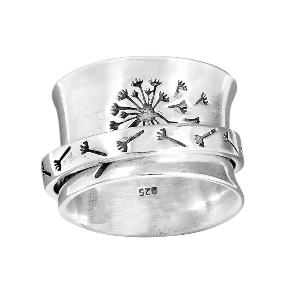 Flower Swivel Silver Ring for Women Stress and Anxiety Relief Wide Band Ring Meditation Ring