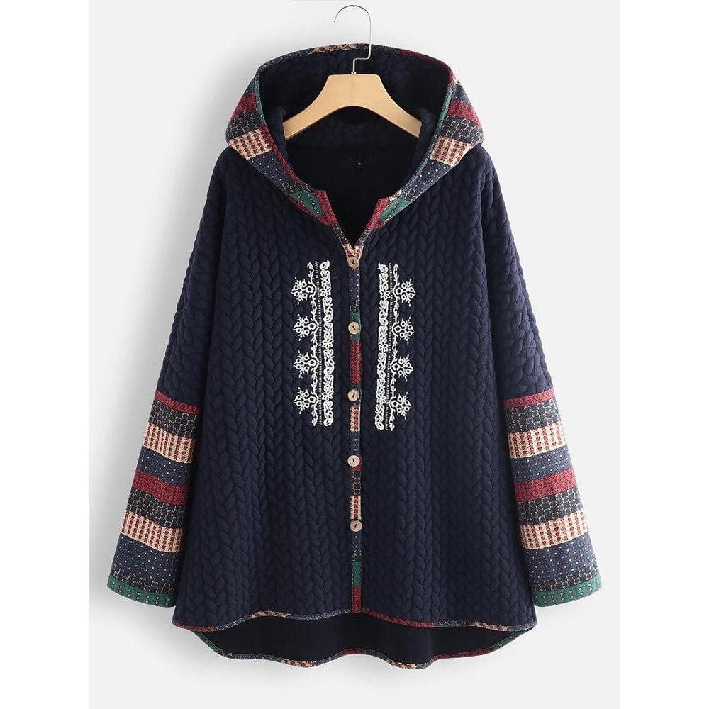 Women's Solid Color Printed Hooded Jacket Long Sleeve Medium Long Coat M navy blue