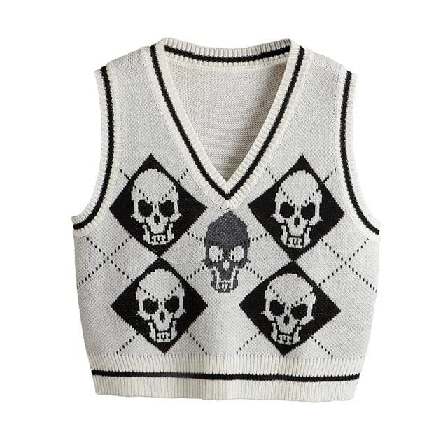 Y2K Gothic Knit Sweater Vest Skull Argyle Print Pattern Knitwear V-neck Pullover Fashion Jumper Top Women Halloween Streetwear L white