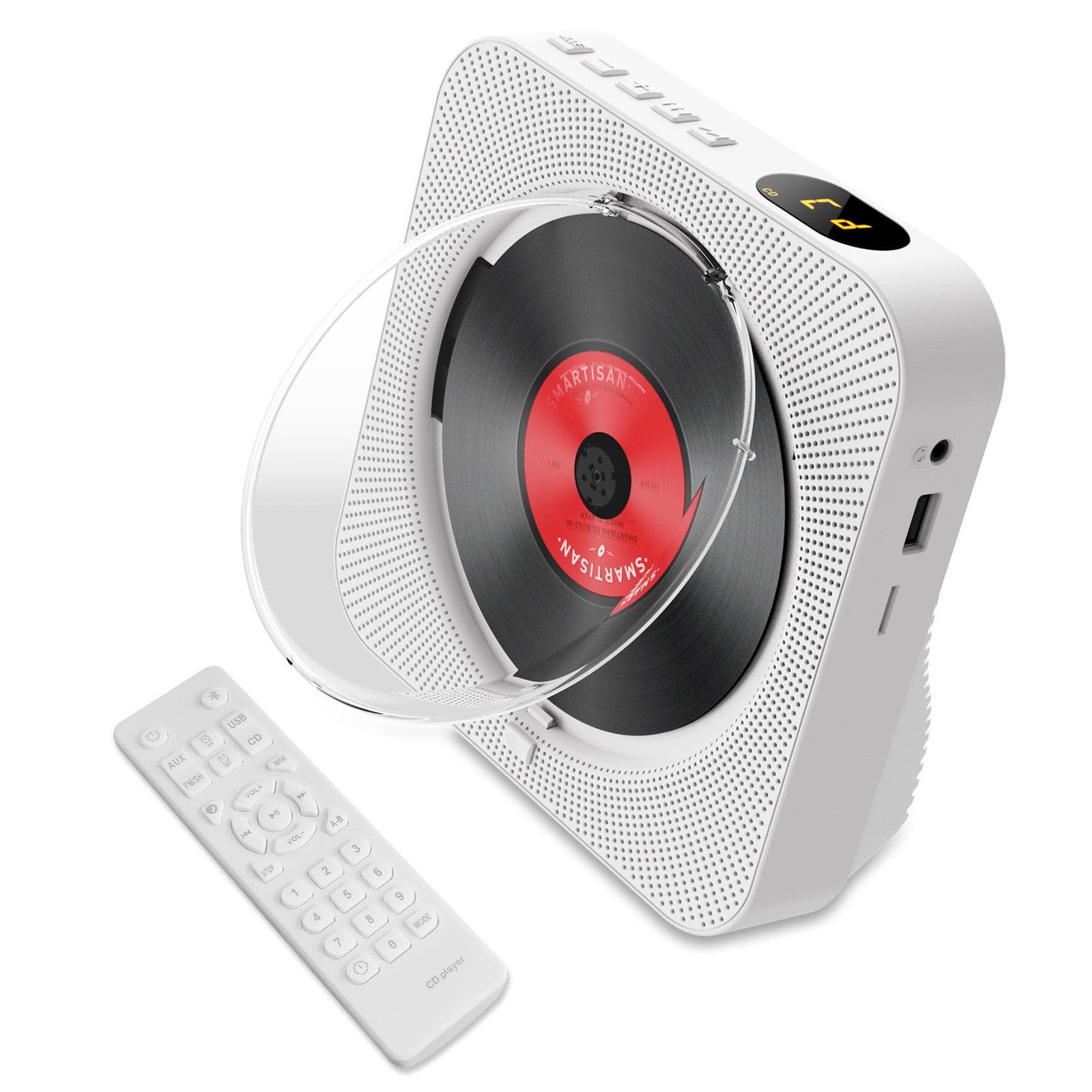 BT5.1 CD Player Portable Music Player FM Radio Desktop CD Runner with Dustproof Cover LED Display 6 US Plug white