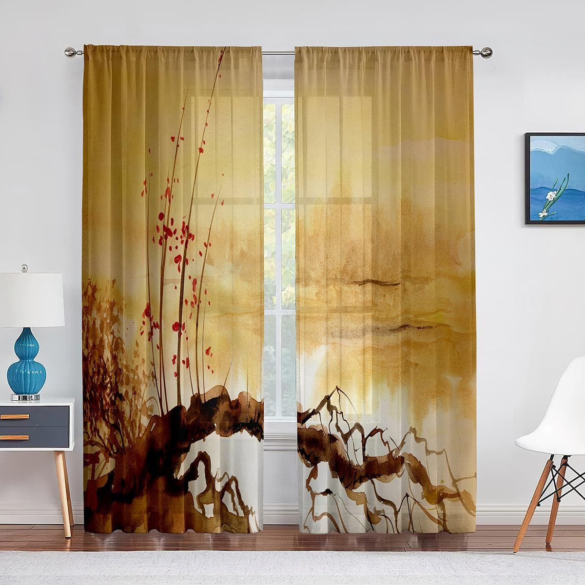 Birds on Branch Cherry Blossom Ink Painting Tulle Voile Curtains for Bedroom Window Curtain for Living Room Sheer Curtain Drapes 1 PCS W100XH250cm&Grommet Top