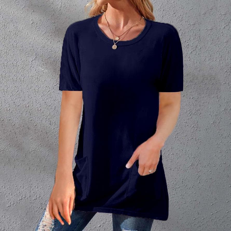 Summer Women's T-shirt Solid Color Tops Short Sleeve Loose Crew Neck Pocket T-shirt M navy blue