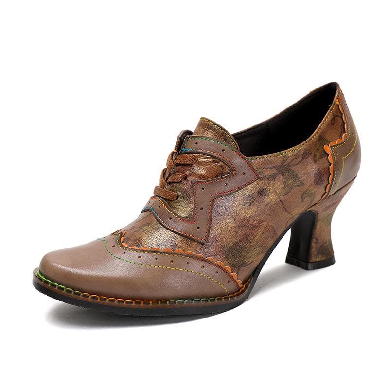 Johnature Genuine Leather Patchwork Retro Hand Painted High Heels Handmade Lace-up Pumps Versatile Ladies Shoes 42 brown