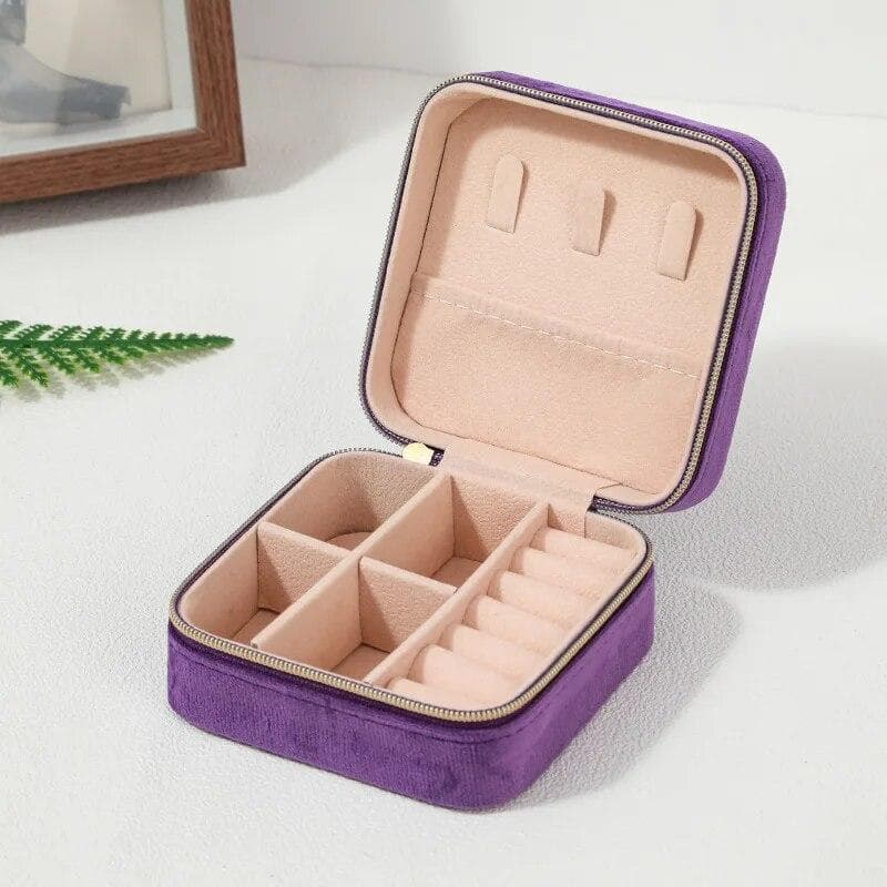 Velvet Jewelry Box For Women Necklace Ring Earrings Organizer Holder Travel Portable Zipper Square Jewelry Storage Case purple