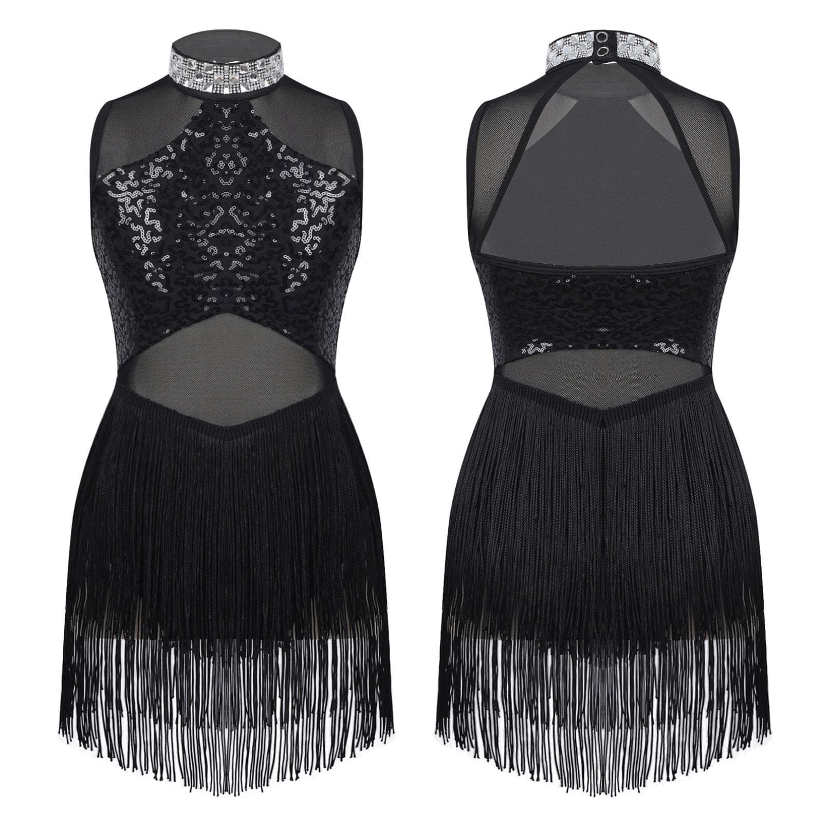 Girls Shiny Rhinestone Sequin Jazz Dance Dress Sheer Mesh Tassel Hem Skating Ballet Leotards Dresses Stage Performance Dancewear 9-10 Years