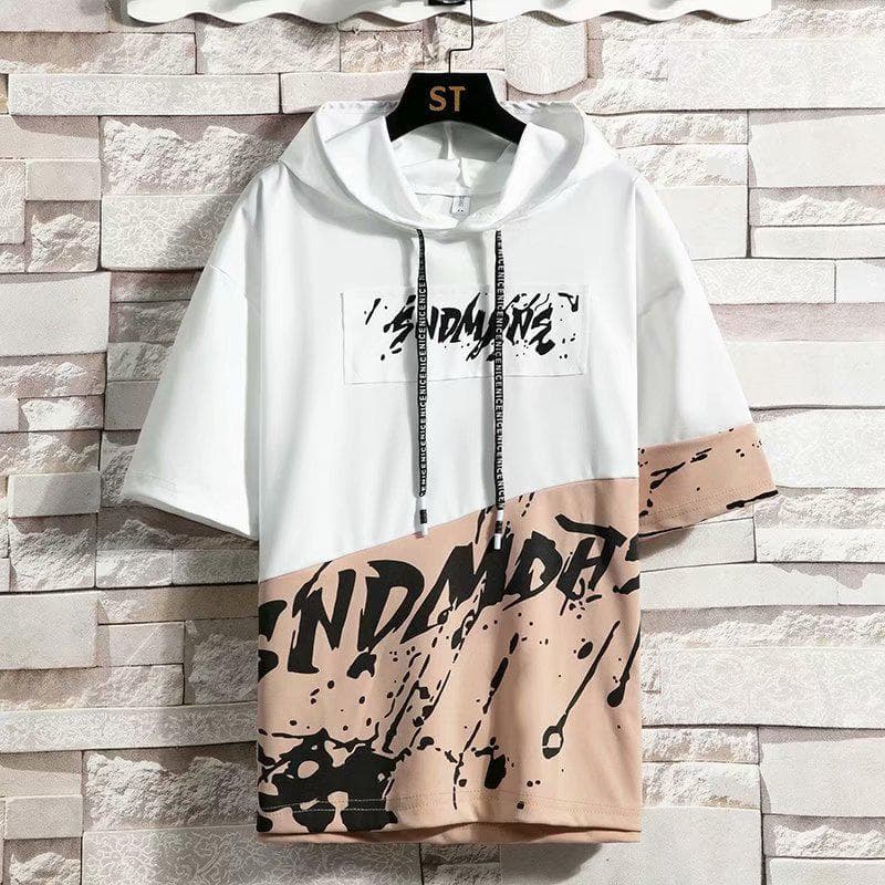 Men's Summer Short-Sleeved Hooded T-Shirt - Korean Style Trendy Five-Point Sleeves for Teens and Boys M white