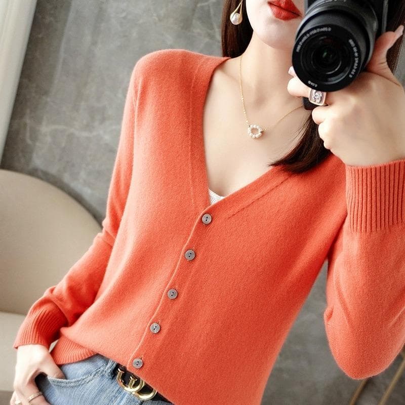 Spring and Autumn Women's Cardigan Jacket V-neck Knitted Cardigan Short Loose Peplum Sweater Thread Sweater M orange