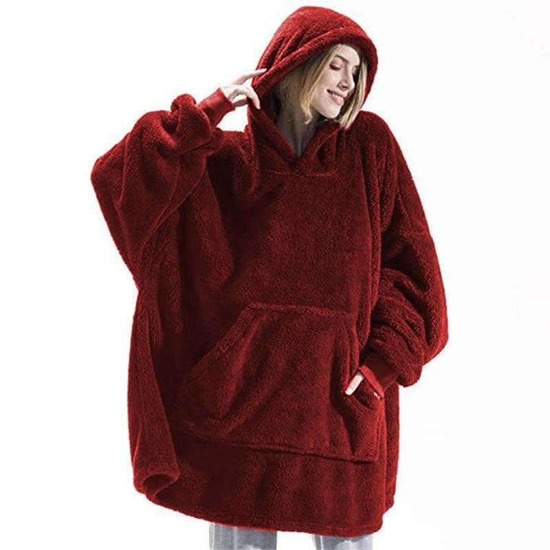Fleece Hoodies Blanket for Women Men Oversized Hooded Sweatshirt Comfy Pullover Blanket Home Clothing One Size red