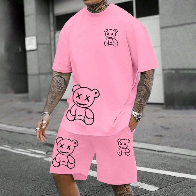 2025 Fun Bear Harajuku T-Shirt Men's Summer Loose Daily Couple Suit Outdoor Street Short Sleeve Shorts Two Piece Men Summer Suit 4XL