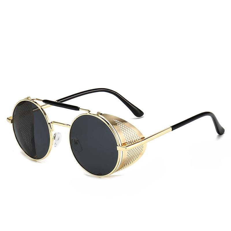 Retro Steampunk Sunglasses Windshield Personality Metal Frame Round Color Film Reflective Cool Lens Glasses grey/gold