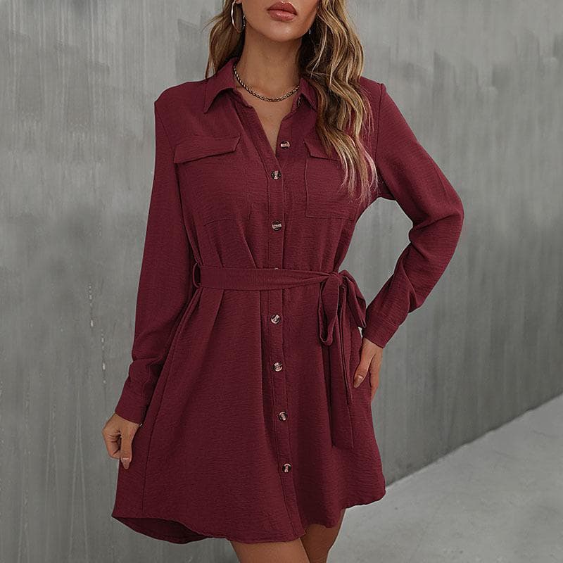 Spring and Autumn Women's Dress Cardigan Shirt Lapel Commuter Tie Shirt Long Sleeve Dresses S burgundy