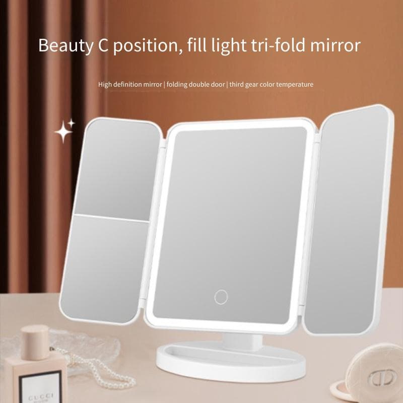Trifold Makeup Mirror LED Lights Dorm Dressing Mirror Beauty Light Up Your Fill Light with Smart Complementary Makeup Mirror Tri white