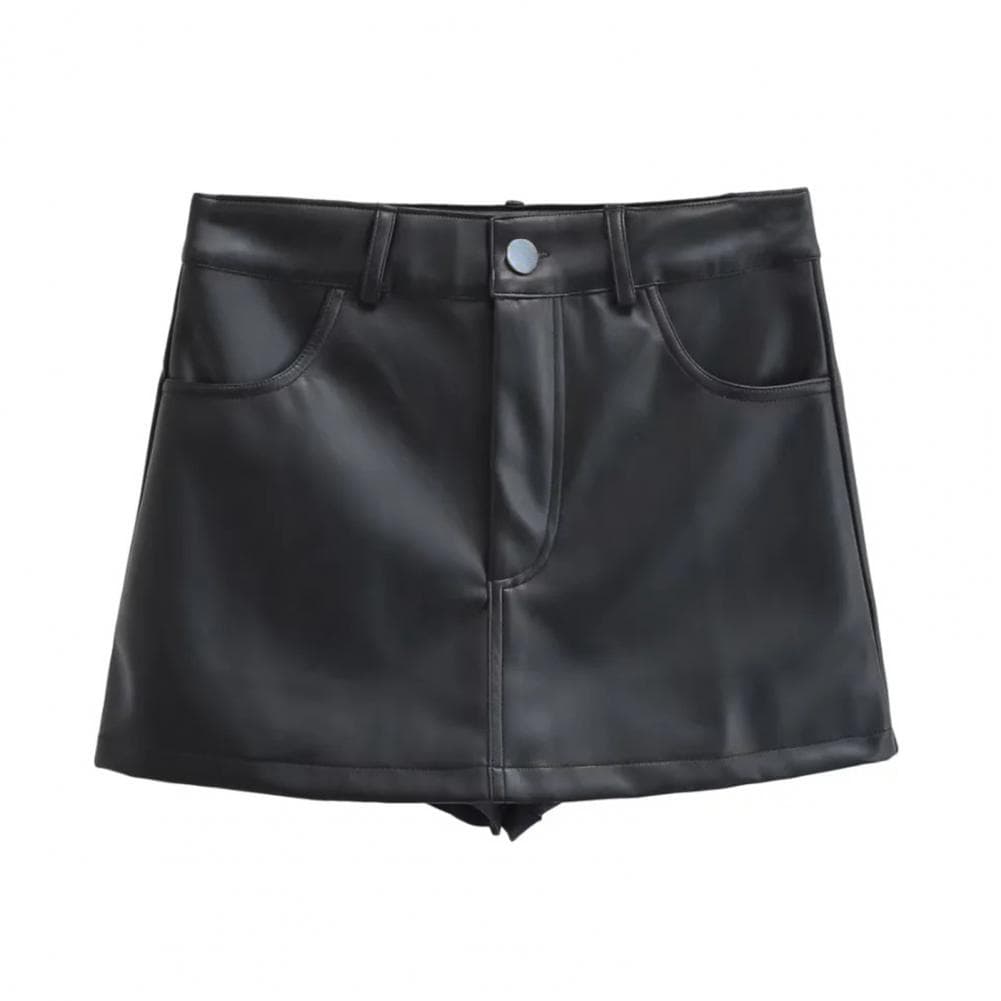 Women Mini Skirt High Waist Button Zipper Fly Solid Color Skirt Faux Leather Hip Wrapped Short Skirt with Pockets S black