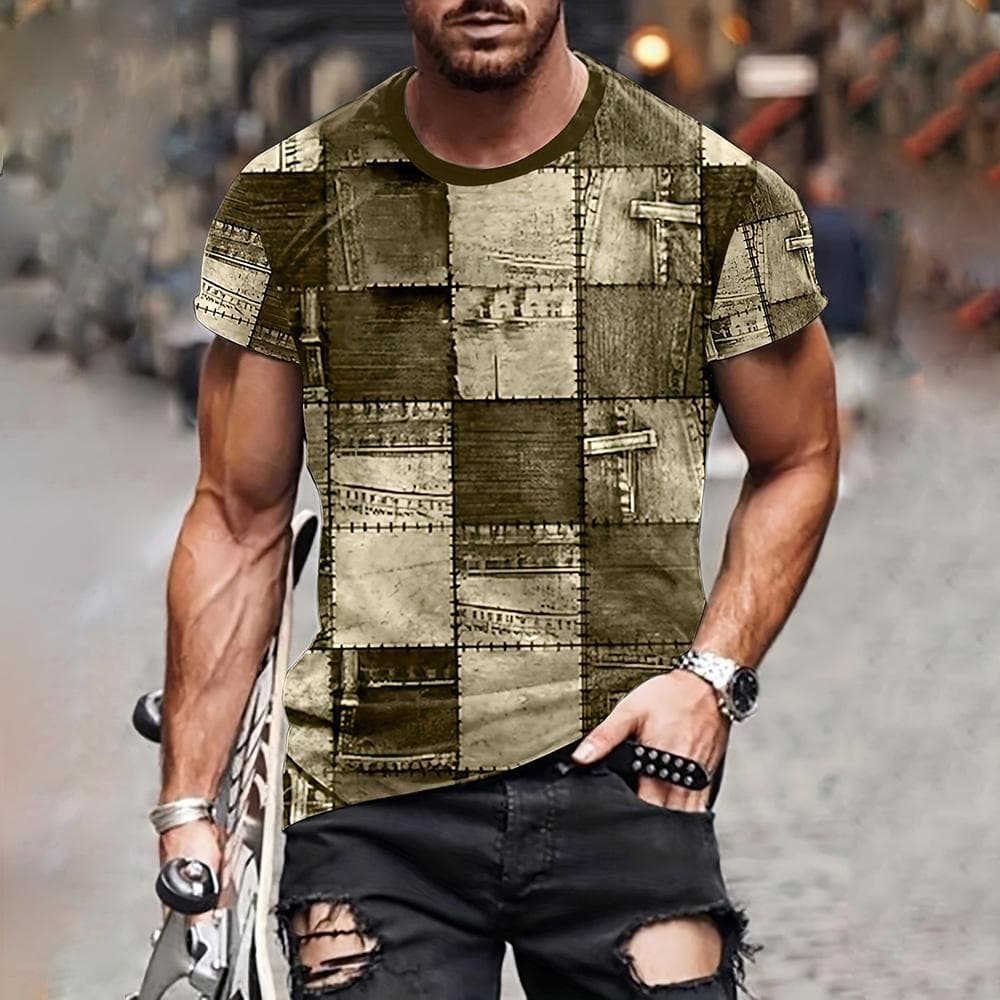 Men's T Shirt 3D Digital Patchwork Graphic Print Short Sleeve T-Shirts Comfy Casual Elastic Crew Neck Men Outdoor Activities Top M