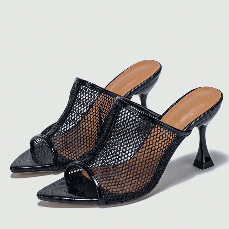 Liyke Street Style Sexy Hollow Out Mesh Women Slippers Sandals Fashion Cozy Pointed Open Toe Black High Heels Mules Slides Shoes 35 black