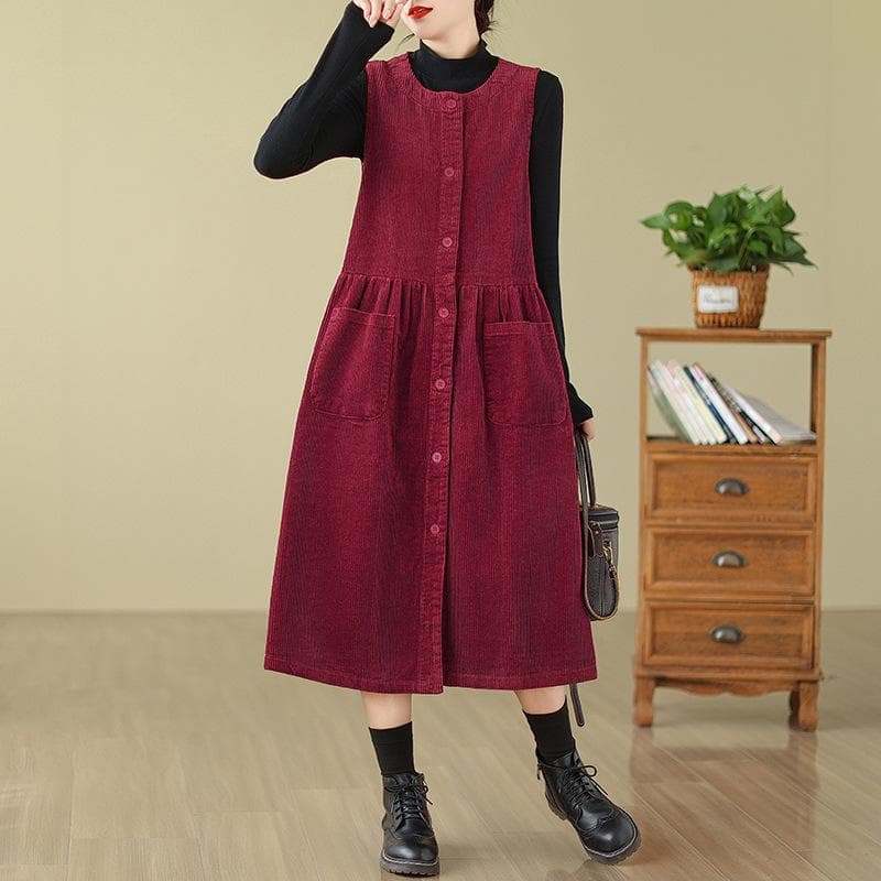 Spring Winter Women Solid Basic Sundress O-Neck Dress Sleeveless Corduroy Midi Dress XXL red